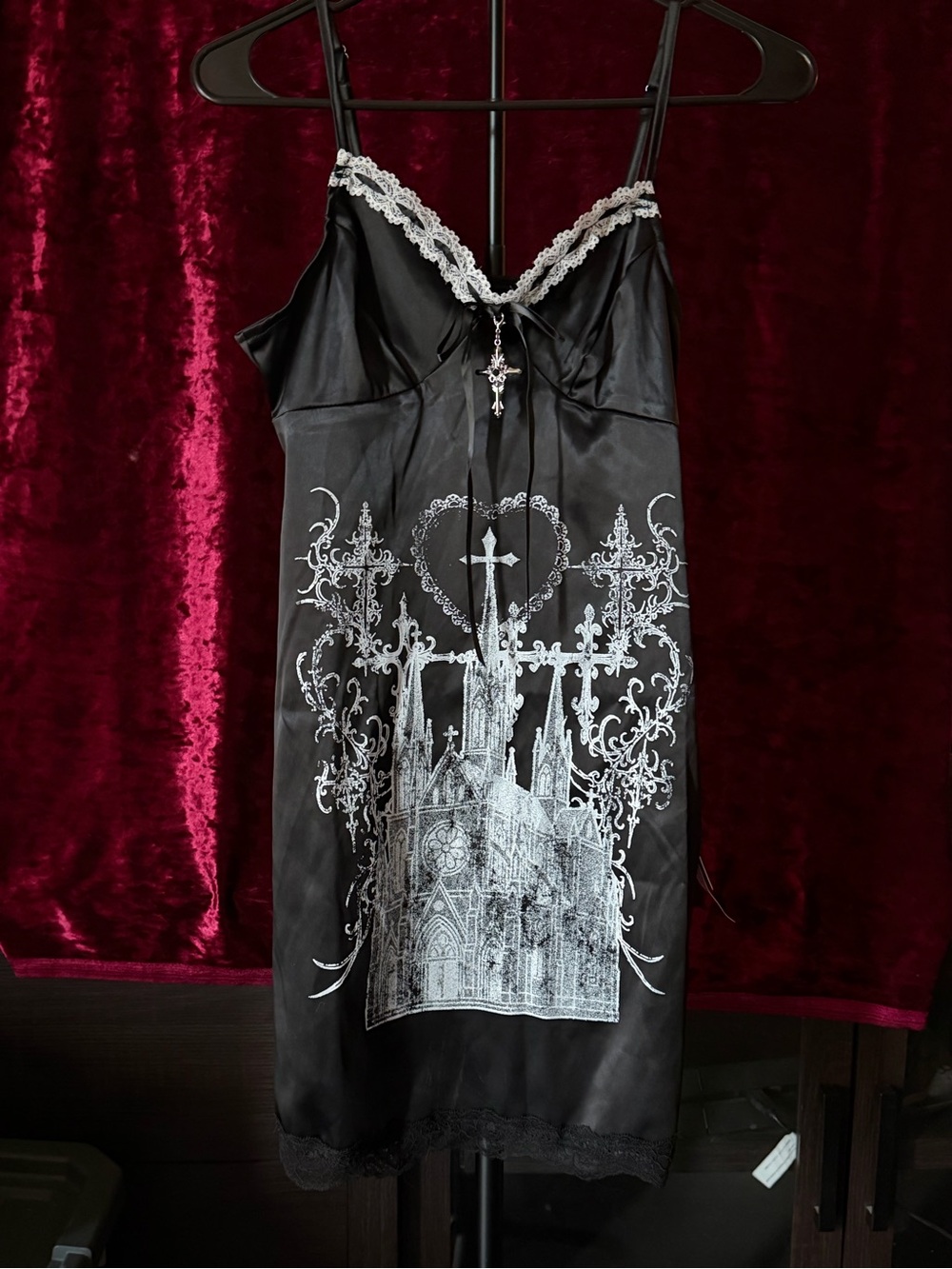 ROMWE Black Satin Slip Dress with White Gothic Cathedral Print